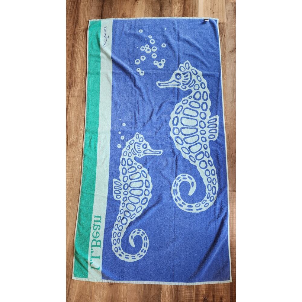 Vintage LL Bean Jumbo Beach Towel Blue Seahorse Turkish Cotton Vguc Embroidered